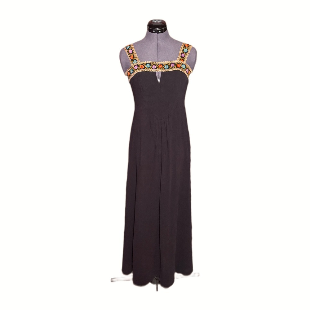 Peekaboo Vintage 70s‎ Boho Floral Embroidery Black Sheer Maxi Dress B32 W28 XS/S